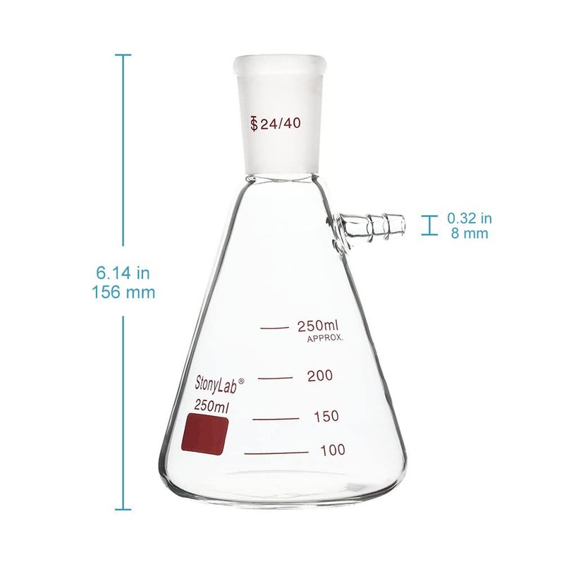 stonylab Filtering Flask with 24/40 Standard Taper Outer Joint, Heavy Wall Borosilicate Glass Filter Flask, Bolt Neck with Tubulation, 250 ml - Image 2
